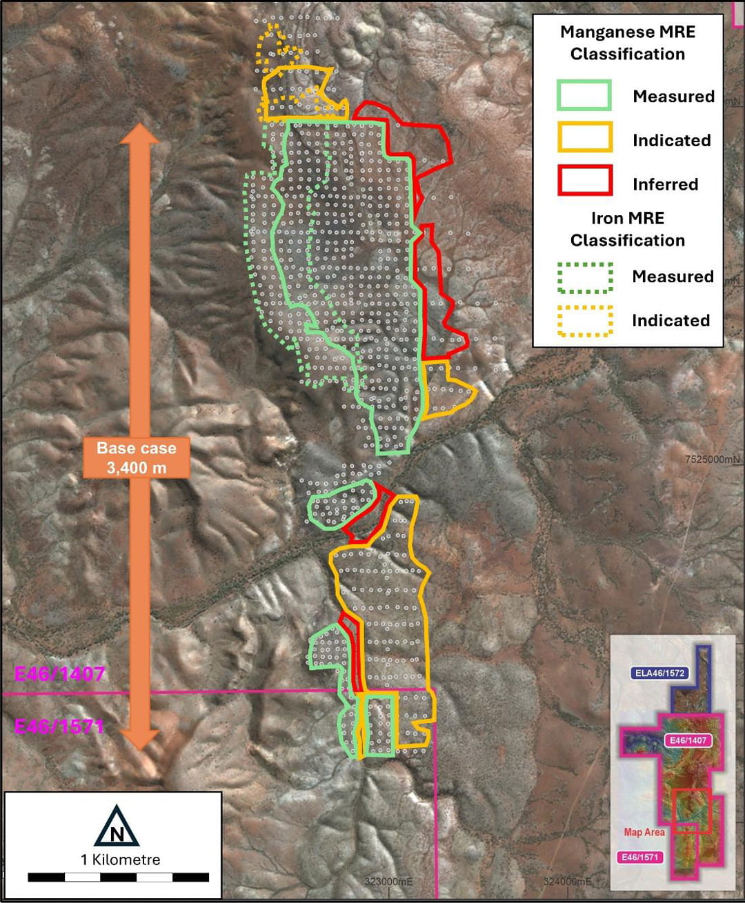Manganese and Iron Mineral Resource outlines and classifications projected to surface